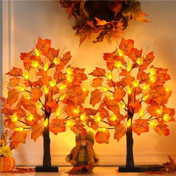 2 Pack 24 Inch Fall Maple Tree Decorations Pre Lit LED Battery Operated Autumn D - Picture 6 of 7